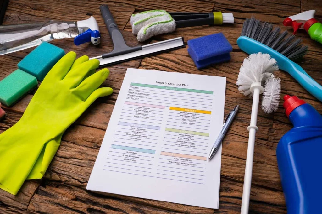 A-cleaning-checklist-and-supplies-used-to-select-custom-house-deep-cleaning-services