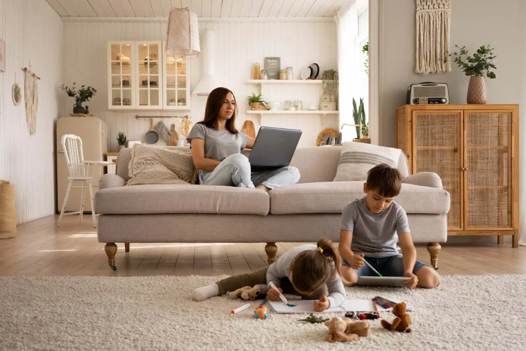 A family enjoying a beautifully clean and organized functional living room