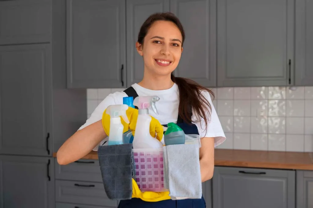 A reliable house cleaner arriving with professional cleaning supplies