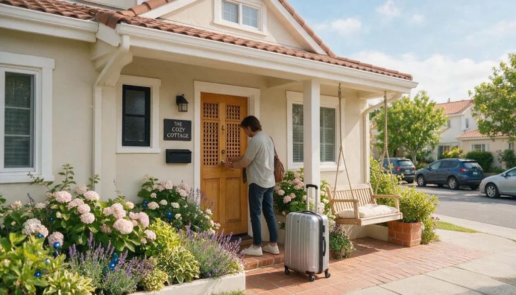 An arriving guest unlocking the front door of a clean vacation rental property