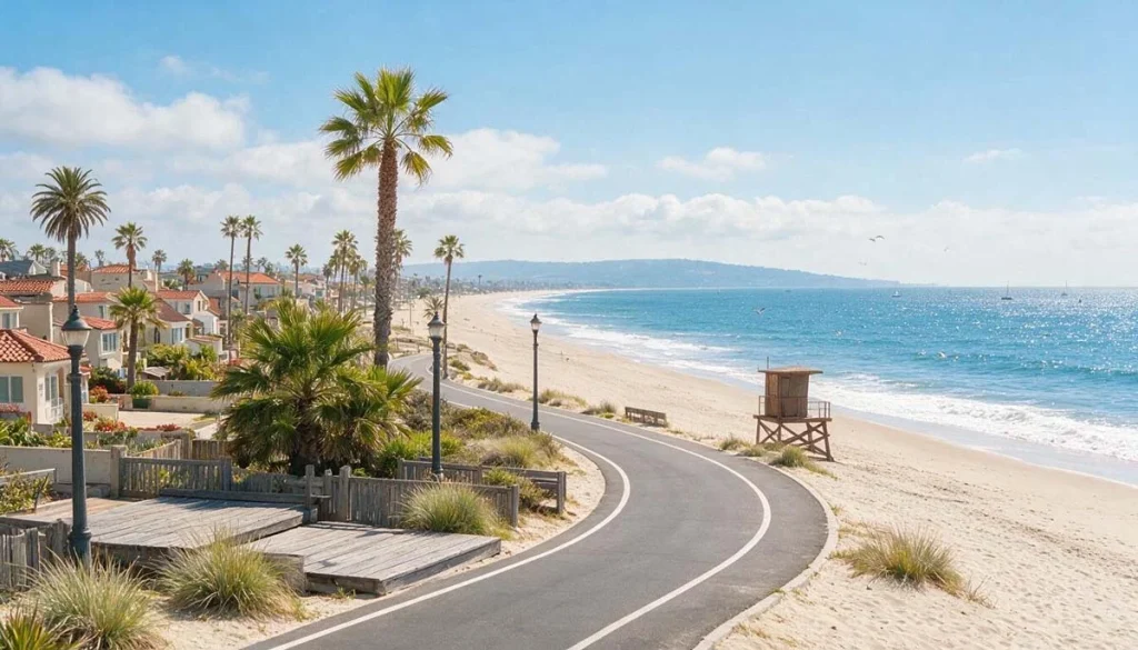 Coastal view with palm trees and the Pacific Ocean in Santa Monica