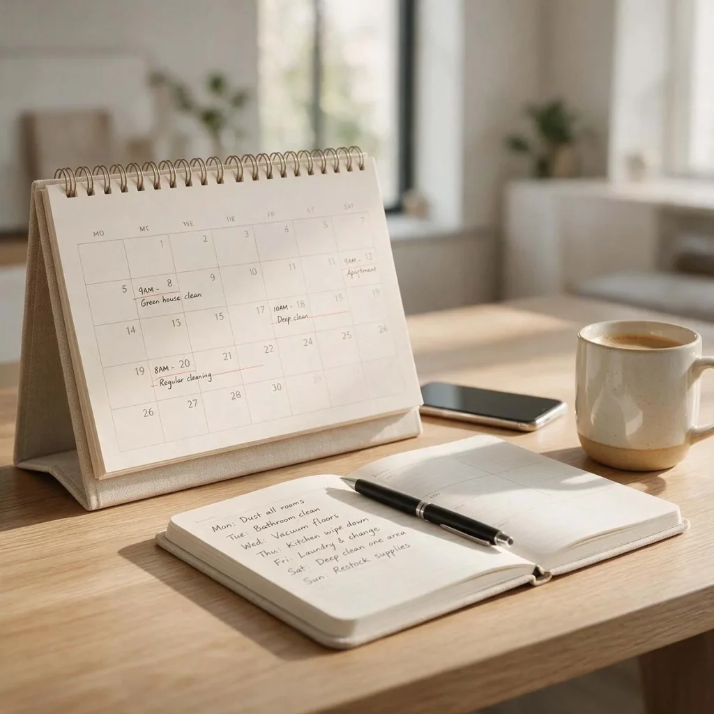 Desk calendar and planner showing scheduled housekeeping visits