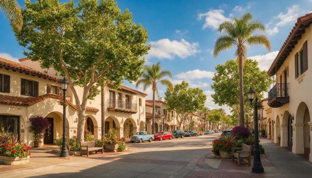 Historic streets with Spanish-style architecture in Santa Ana