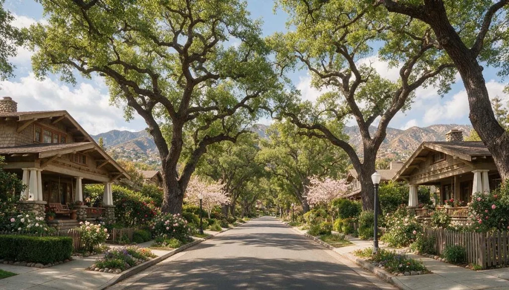 Historic tree-lined neighborhood with Craftsman homes in Pasadena