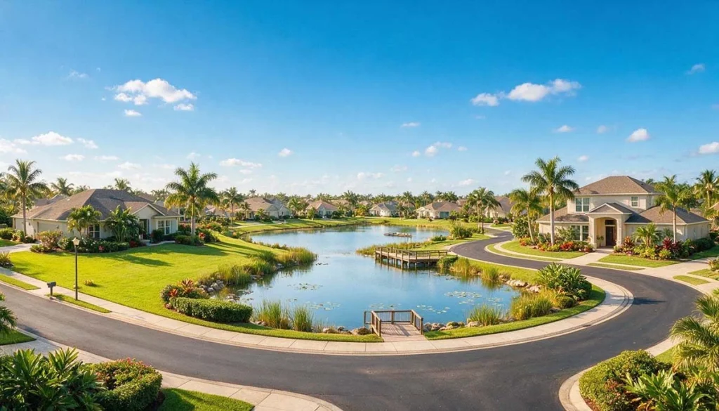 Landscaped suburban neighborhood with lakes and palm trees in Sunrise