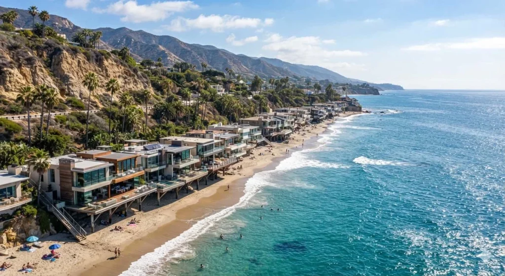 Luxury beachfront homes overlooking the Pacific Ocean in Malibu