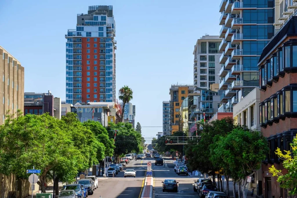 Modern neighborhood with apartments and tree-lined streets in Culver City