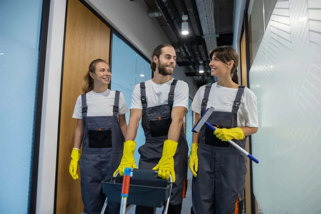 Professional maid cleaning team arriving at a customer home
