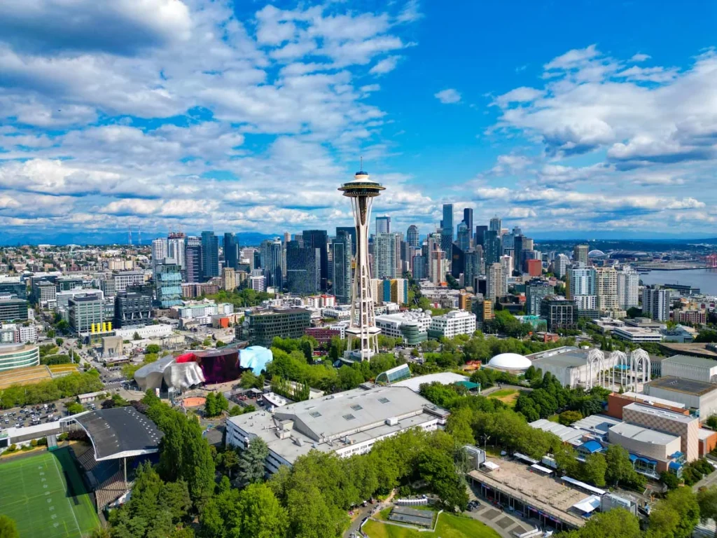 Seattle neighborhood, modern homes, and a distant skyline