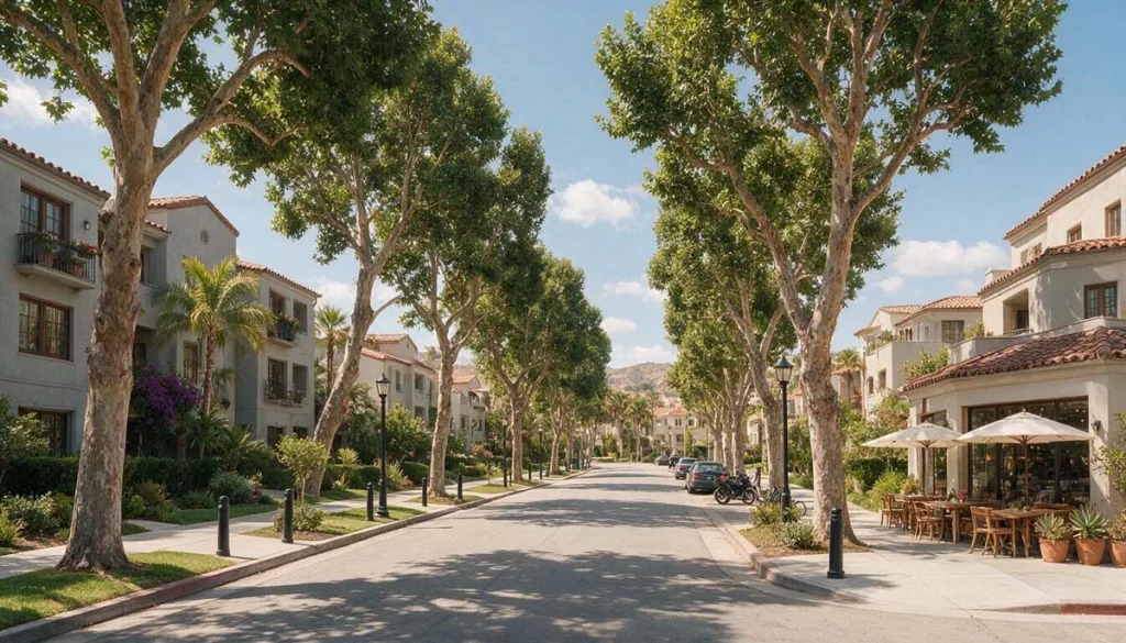 Tree-lined residential street with modern apartments in Westwood